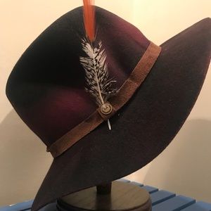 100% wool burgundy, ombré fedora with feather